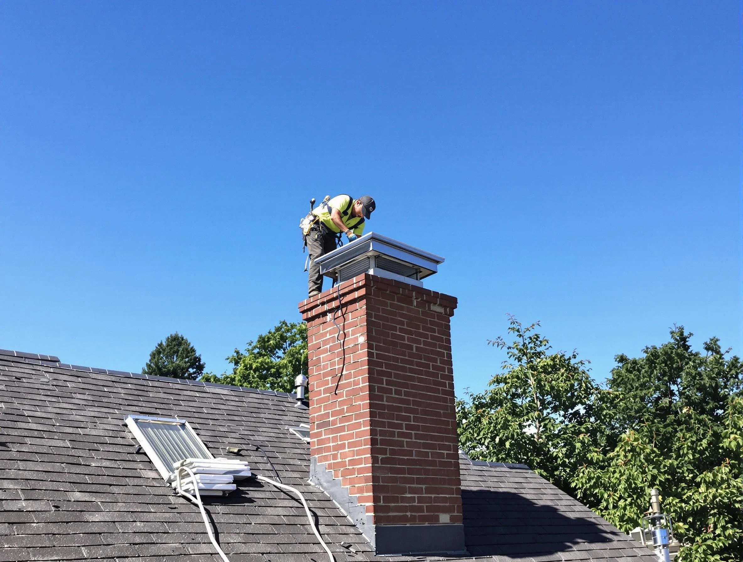 Marlborough Chimney Sweep technician measuring a chimney cap in Marlborough, MA